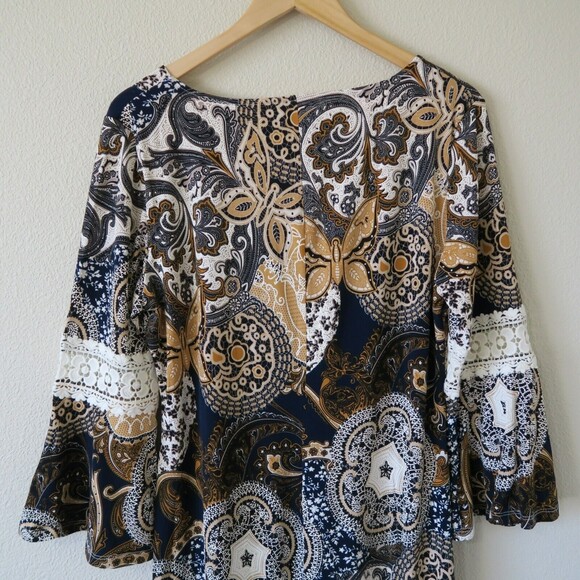 GLAMOUR Floral Dress Sz 16 Midi Abstract Lace Details Knee Modest Brown Stretch - Picture 5 of 10